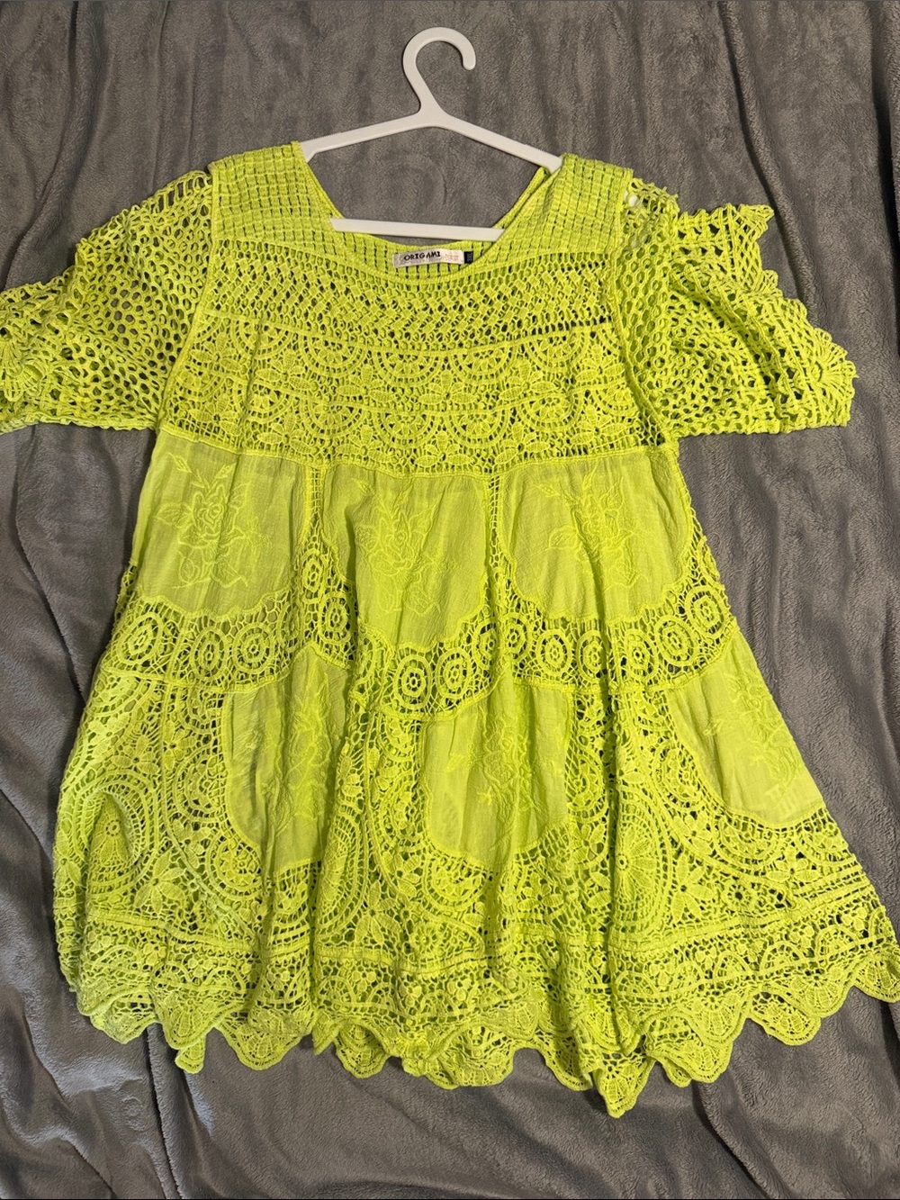 Origami Lime Crochet Lace Peasant Top